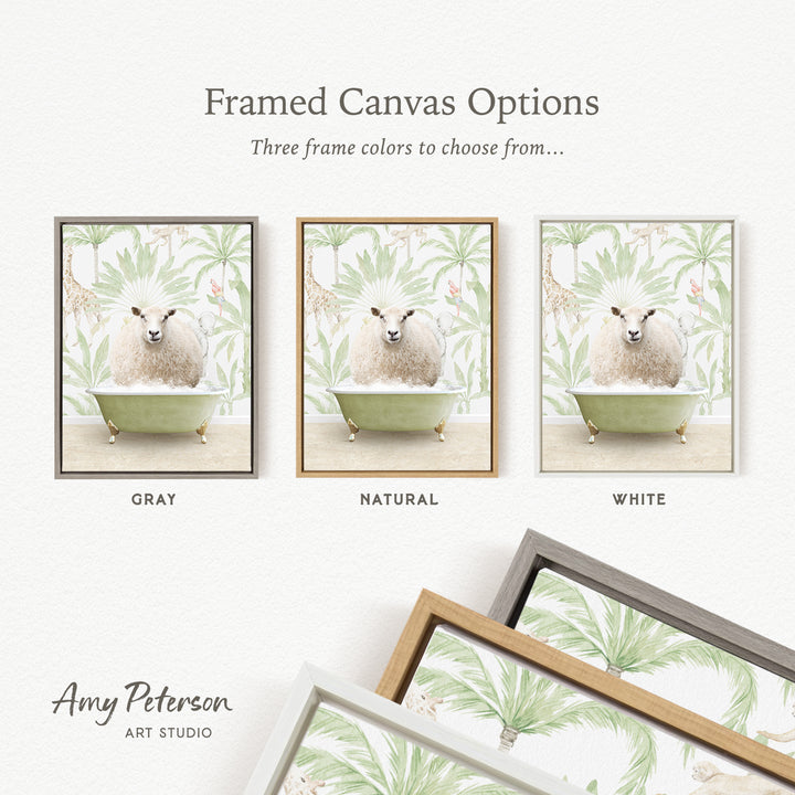 three framed canvas options featuring a sheep in a bathtub, each with a different frame color: gray, natural, and white.