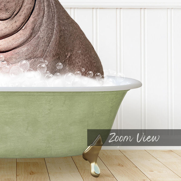 A bathtub filled with bubbles, with a large, curled-up hippo partially submerged in the water.