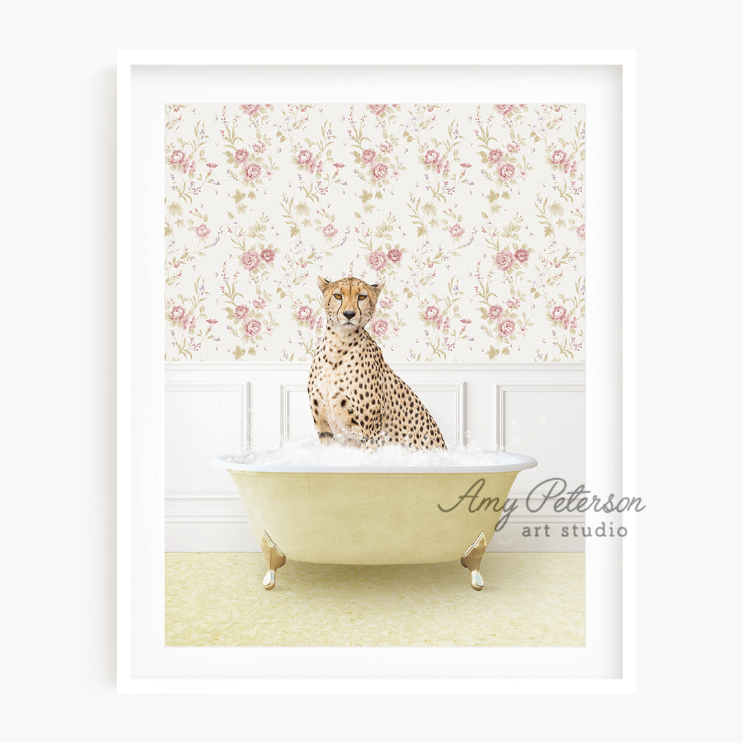 a picture of a cheetah sitting in a bathtub