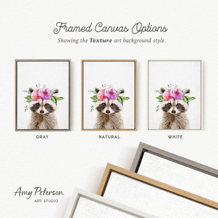three framed canvas options, each featuring a raccoon wearing a flower crown. The options are labeled as "Grays," "Natural," and "White," representing different color schemes.