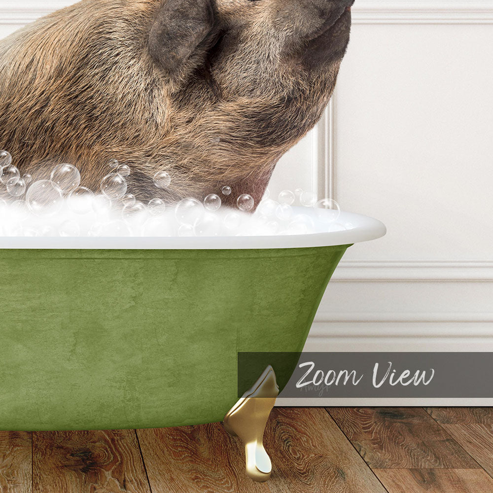 A pig is sitting in a green bathtub filled with bubbles, appearing to enjoy a bath.