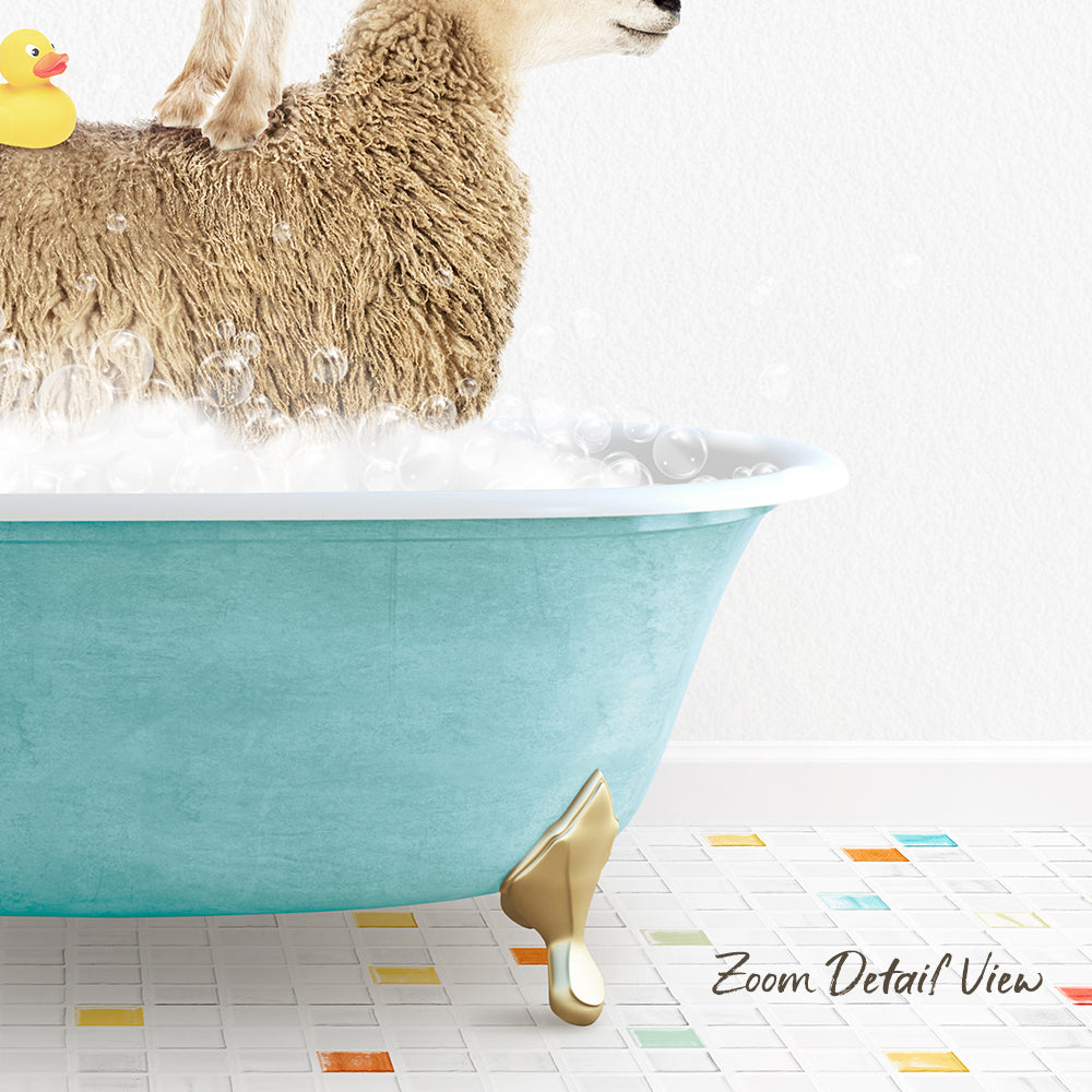 A fluffy brown sheep is sitting in a blue bathtub filled with bubbles, with a yellow rubber duck floating on its back.
