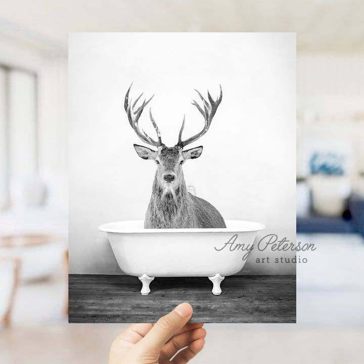 a black and white photo of a deer in a bathtub