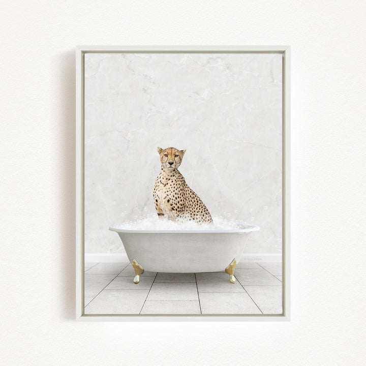 A cheetah sitting in a white bathtub filled with bubbles, creating a whimsical and playful scene.