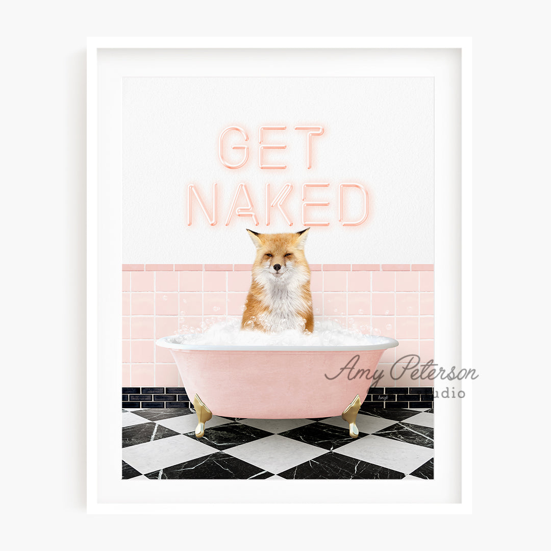 a dog sitting in a pink bathtub with the words get naked above it