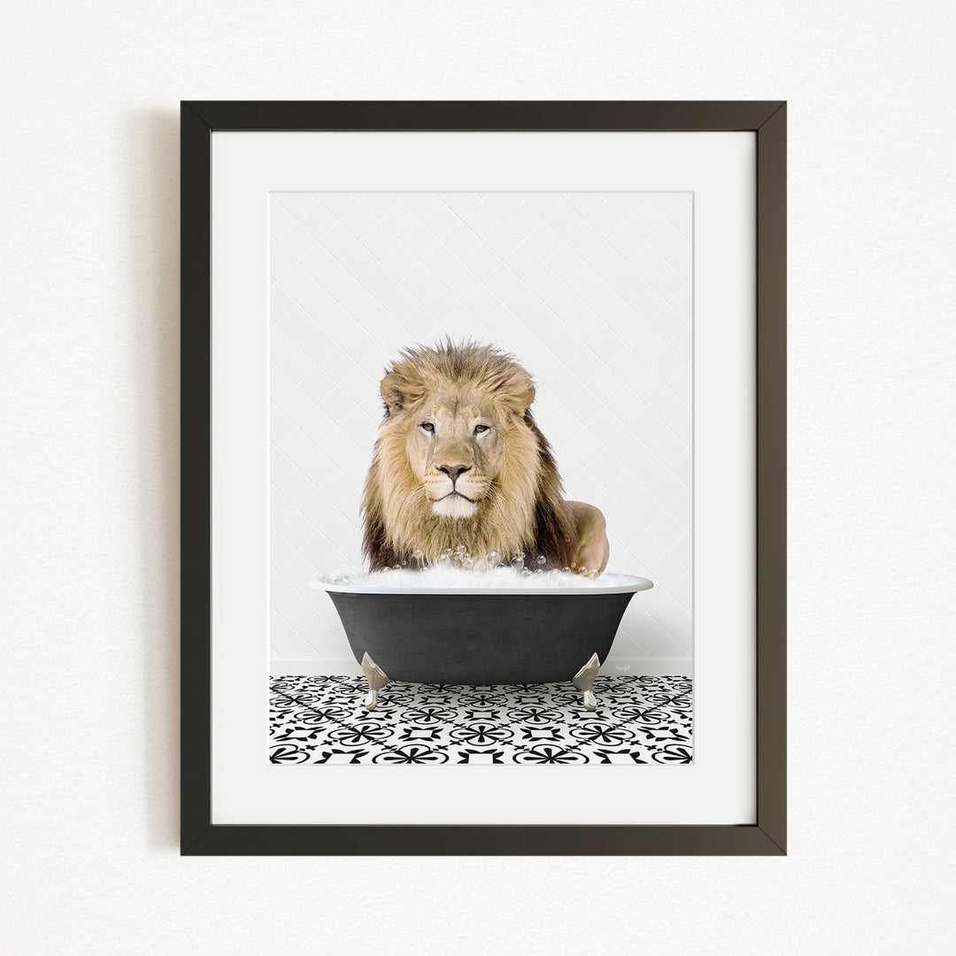 A lion is sitting in a bathtub filled with water, surrounded by a black and white patterned floor.