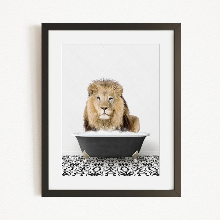 A lion is sitting in a bathtub filled with water, surrounded by a black and white patterned floor.