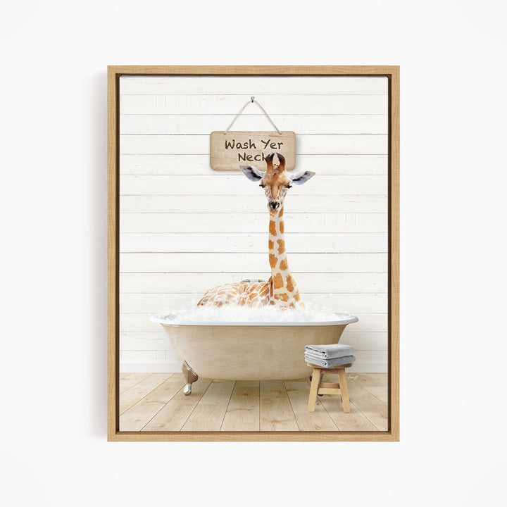 A giraffe sitting in a bathtub with a sign that says "Wash Your Neck" hanging above it.