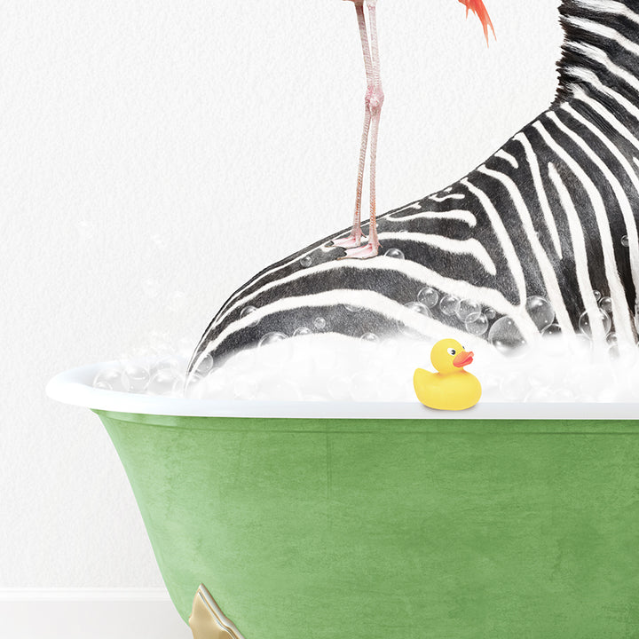 a zebra and a yellow rubber duck in a bathtub