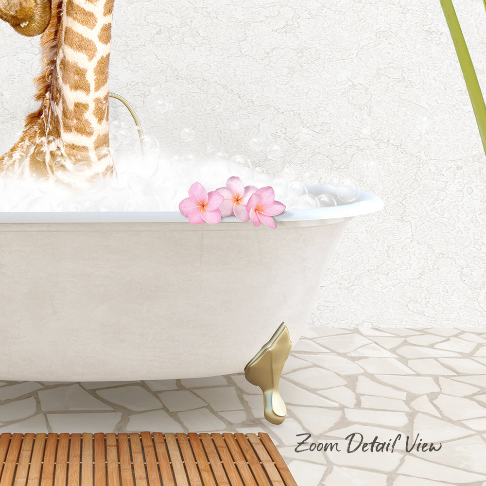 A giraffe standing in a bathtub filled with bubbles, with pink flowers resting on the edge of the tub.