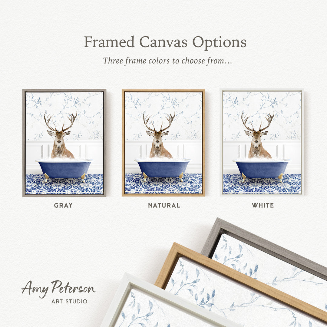 three framed canvas options featuring a deer in a bathtub, each with a different frame color: gray, natural, and white.