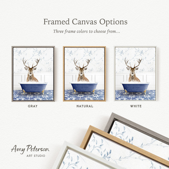 three framed canvas options featuring a deer in a bathtub, each with a different frame color: gray, natural, and white.