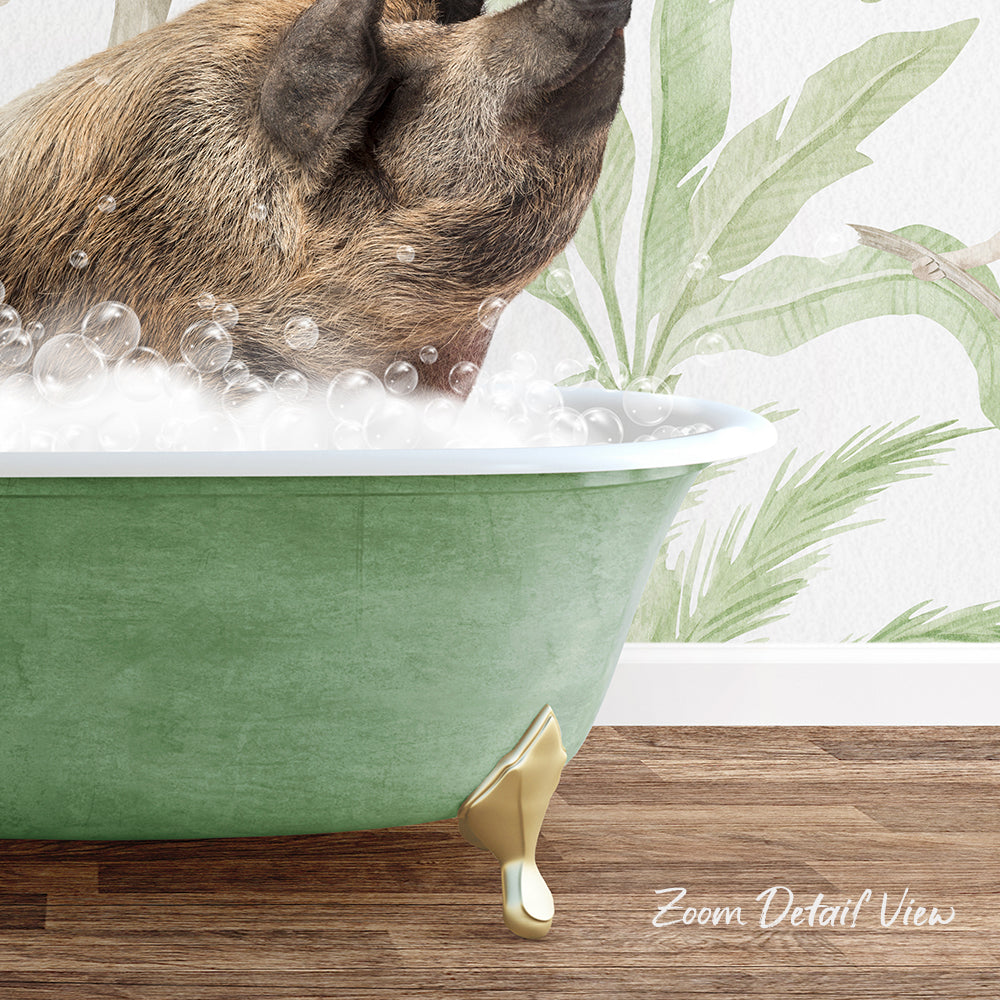 A dog is sitting in a green bathtub filled with bubbles, enjoying a relaxing bath.