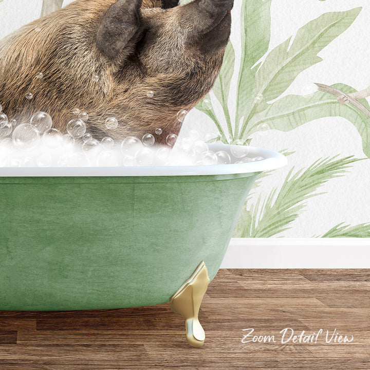 A dog is sitting in a green bathtub filled with bubbles, enjoying a relaxing bath.