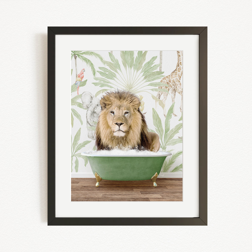 A framed image depicting a lion sitting in a green bathtub, surrounded by a tropical jungle-themed wallpaper.
