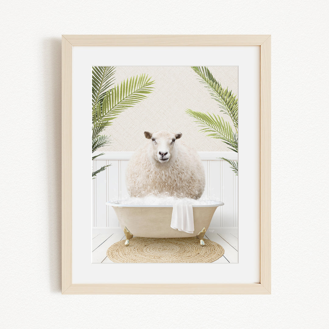 A white sheep is sitting in a bathtub filled with water, surrounded by green palm leaves, creating a whimsical and relaxing scene.