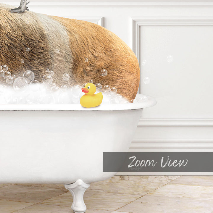 A rubber duck sits in a bathtub filled with bubbles, creating a playful and whimsical scene.