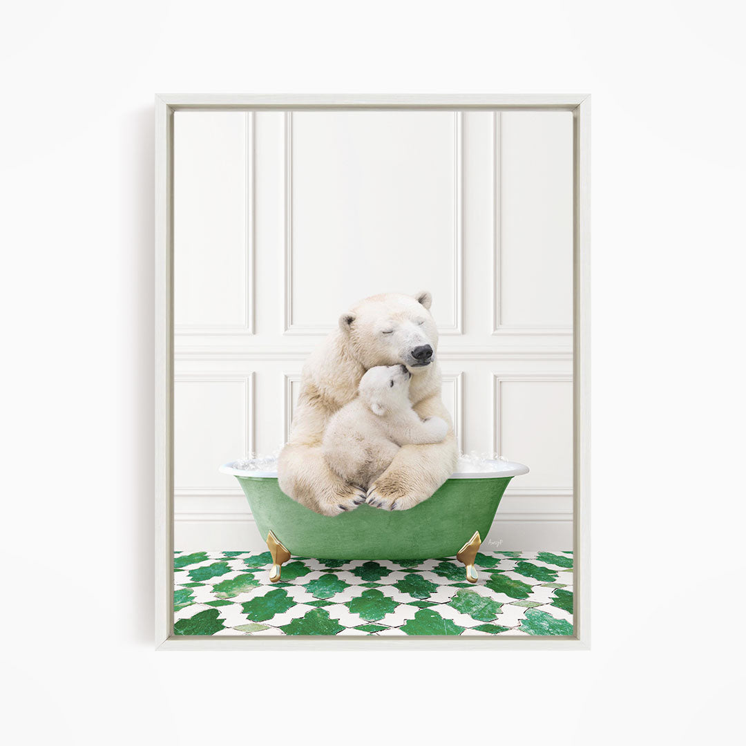 A polar bear sitting in a green bathtub, with its head resting on another polar bear.
