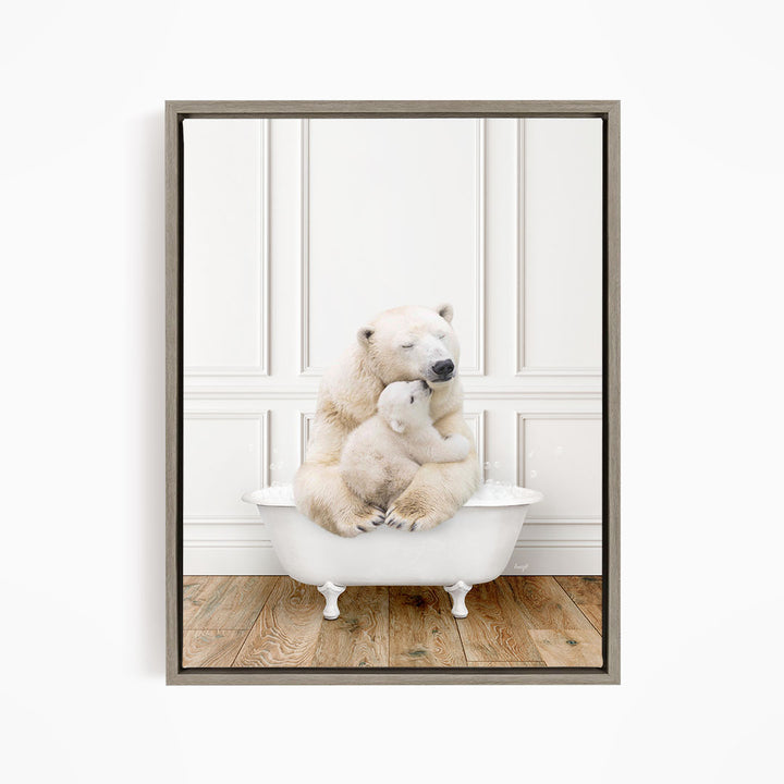 A mother polar bear and her cub cuddling in a white bathtub against a white wall.