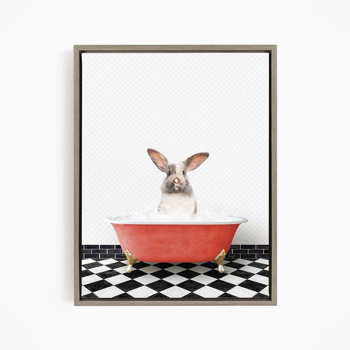 A white rabbit sitting in a red bathtub filled with water, with a black and white checkered floor in the background.