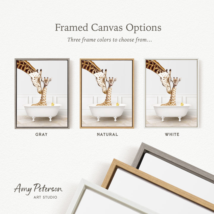 The image is a framed canvas option featuring three different colored frames, each containing a photograph of a giraffe in a bathtub.