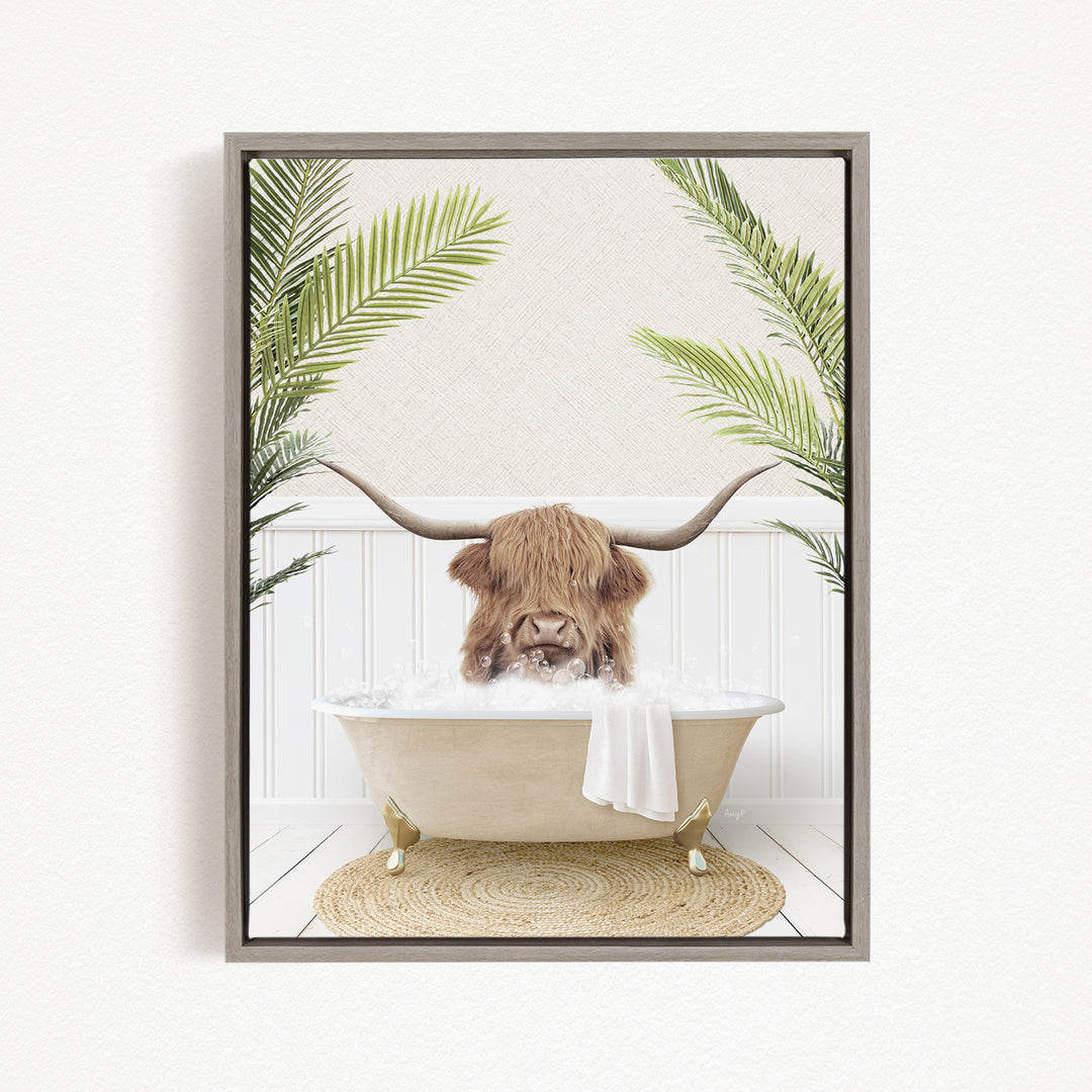 A brown cow with long horns is sitting in a bathtub filled with water, surrounded by green palm leaves.