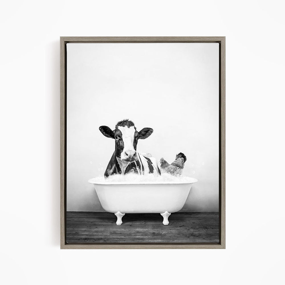 A black and white image of a cow sitting in a bathtub, with a chicken standing nearby.