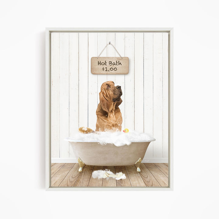 A brown dog sitting in a white bathtub filled with bubbles, with a sign above the tub that reads "Hot Bath $1.00".