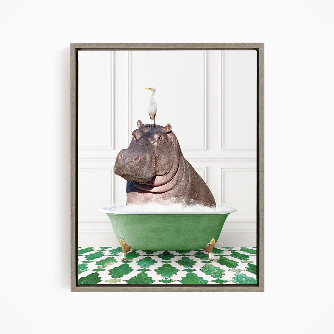 A large hippopotamus sitting in a green bathtub, with a white bird perched on its head.