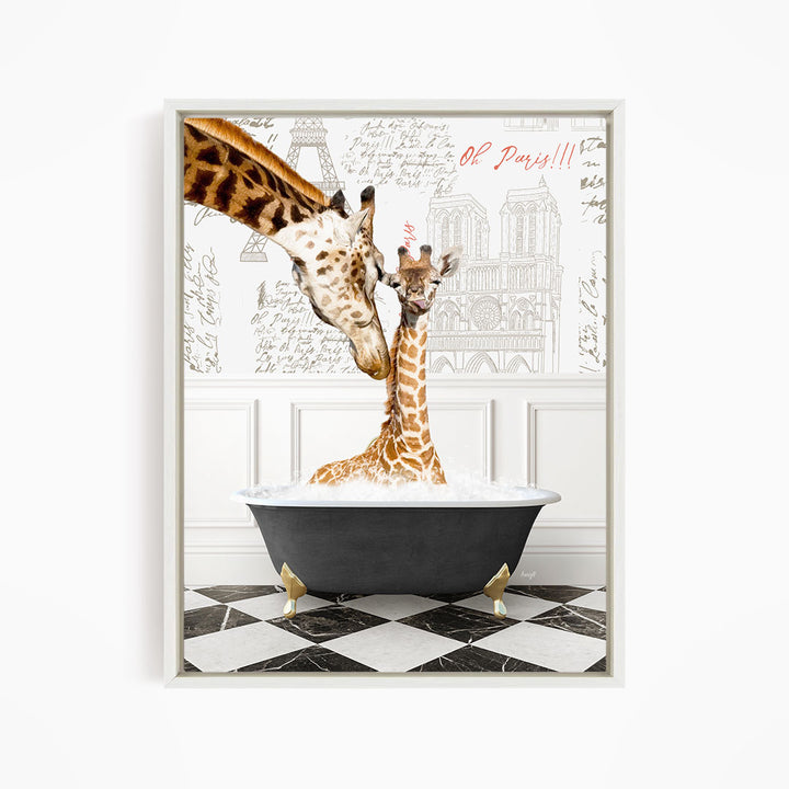 A giraffe and a baby giraffe are sitting in a bathtub, with the baby giraffe looking up at the adult giraffe. The background features a drawing of the Eiffel Tower and other Parisian landmarks.