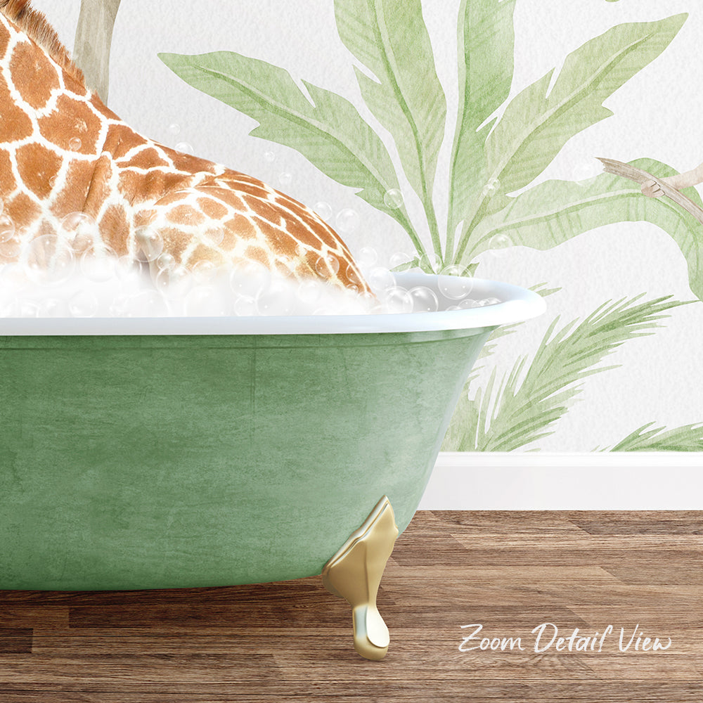 A giraffe is sitting in a green bathtub filled with water, surrounded by a tropical plant wall with palm leaves.