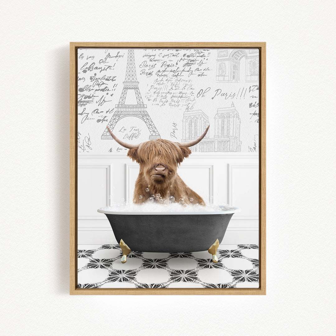 A brown cow with long horns is sitting in a bathtub filled with bubbles, surrounded by a black and white checkered floor and a wall with various inscriptions and drawings.