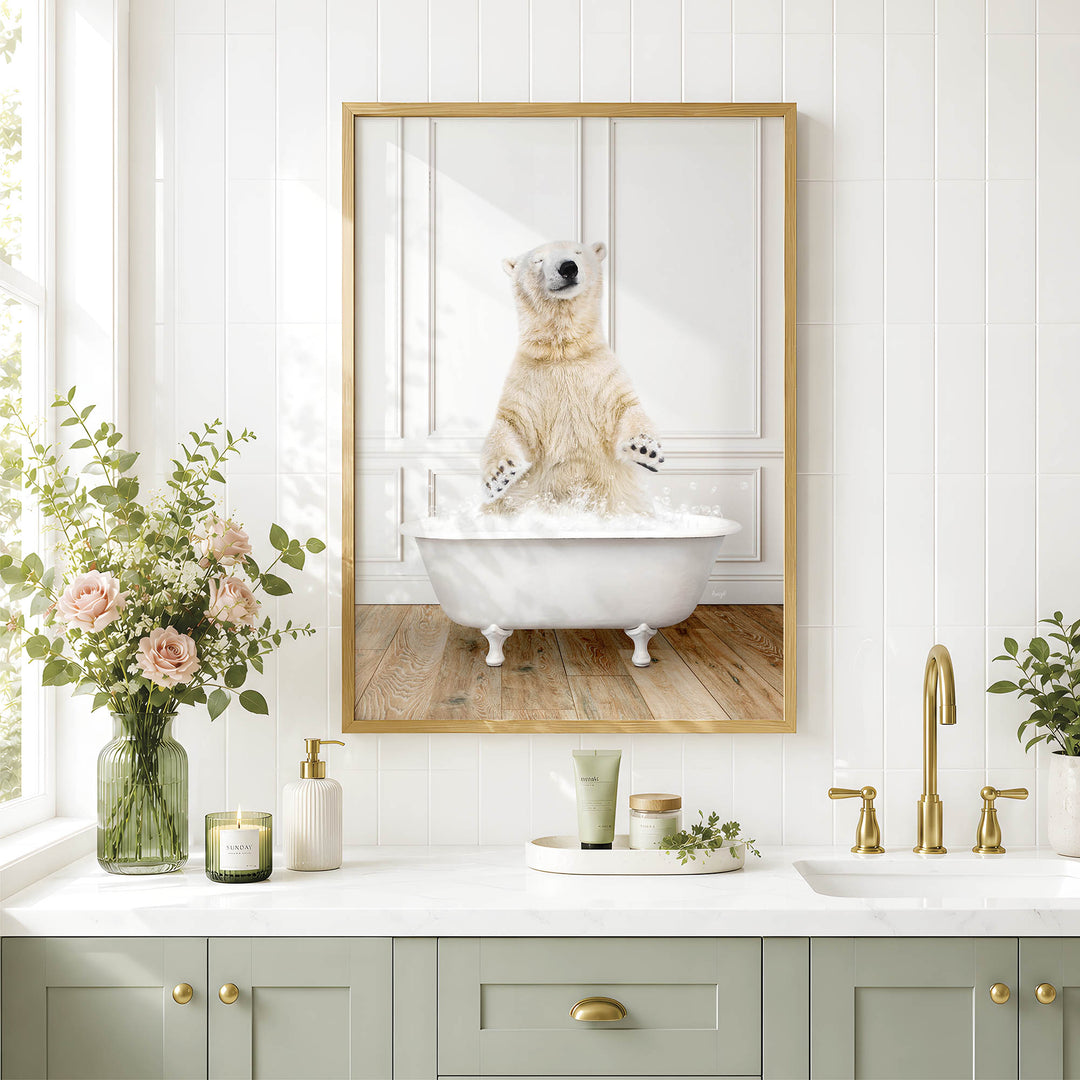 A polar bear standing in a bathtub, surrounded by flowers, candles, and a framed image of the polar bear in the tub.