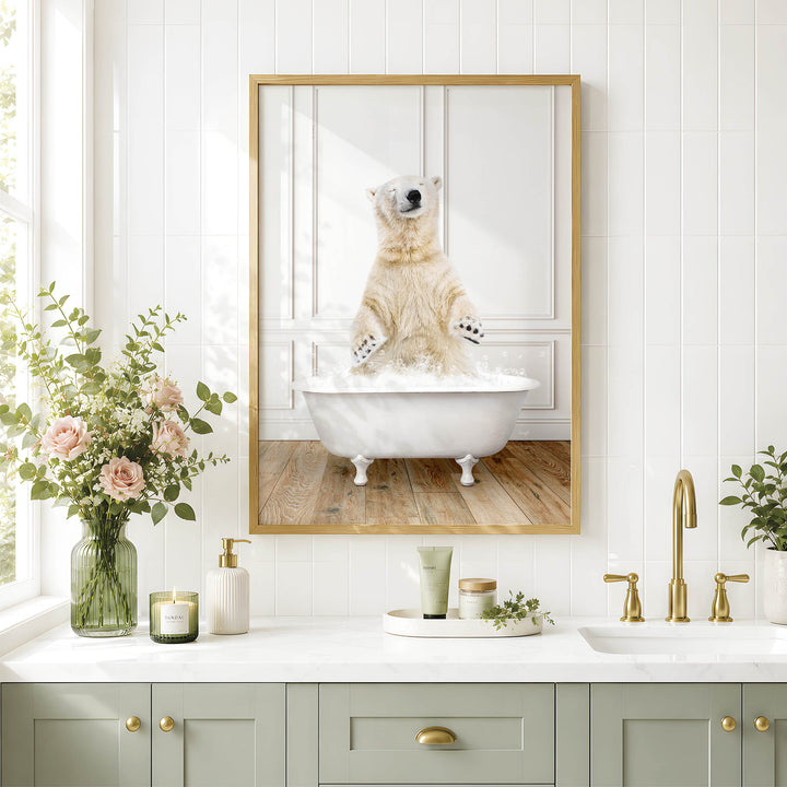 A polar bear standing in a bathtub, surrounded by flowers, candles, and a framed image of the polar bear in the tub.