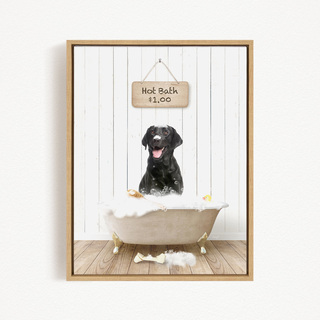 A black dog sitting in a bathtub filled with bubbles, with a sign above the tub indicating a hot bath for $1.00.