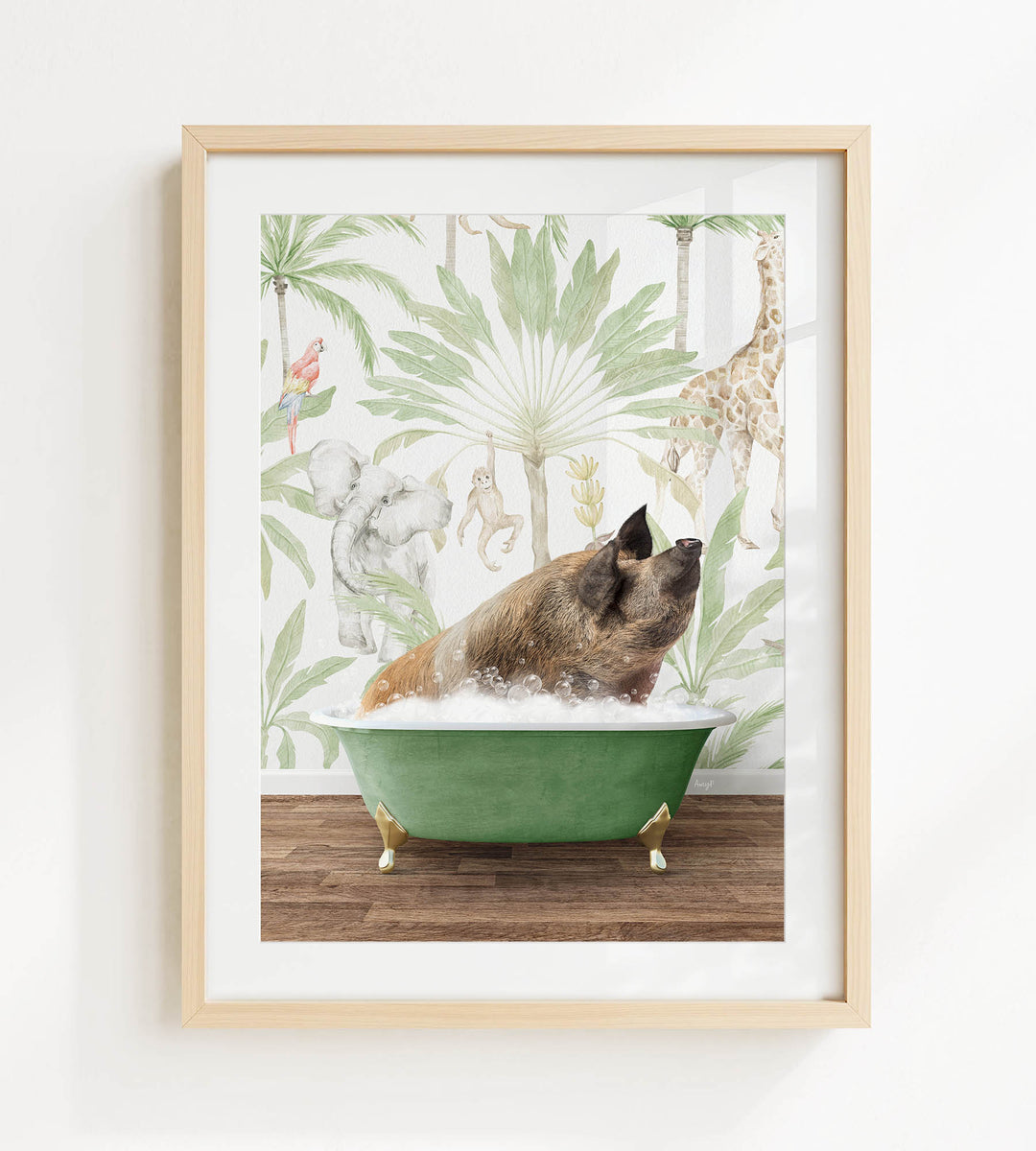 A framed print depicting a pig sitting in a green bathtub, surrounded by tropical foliage and animals.