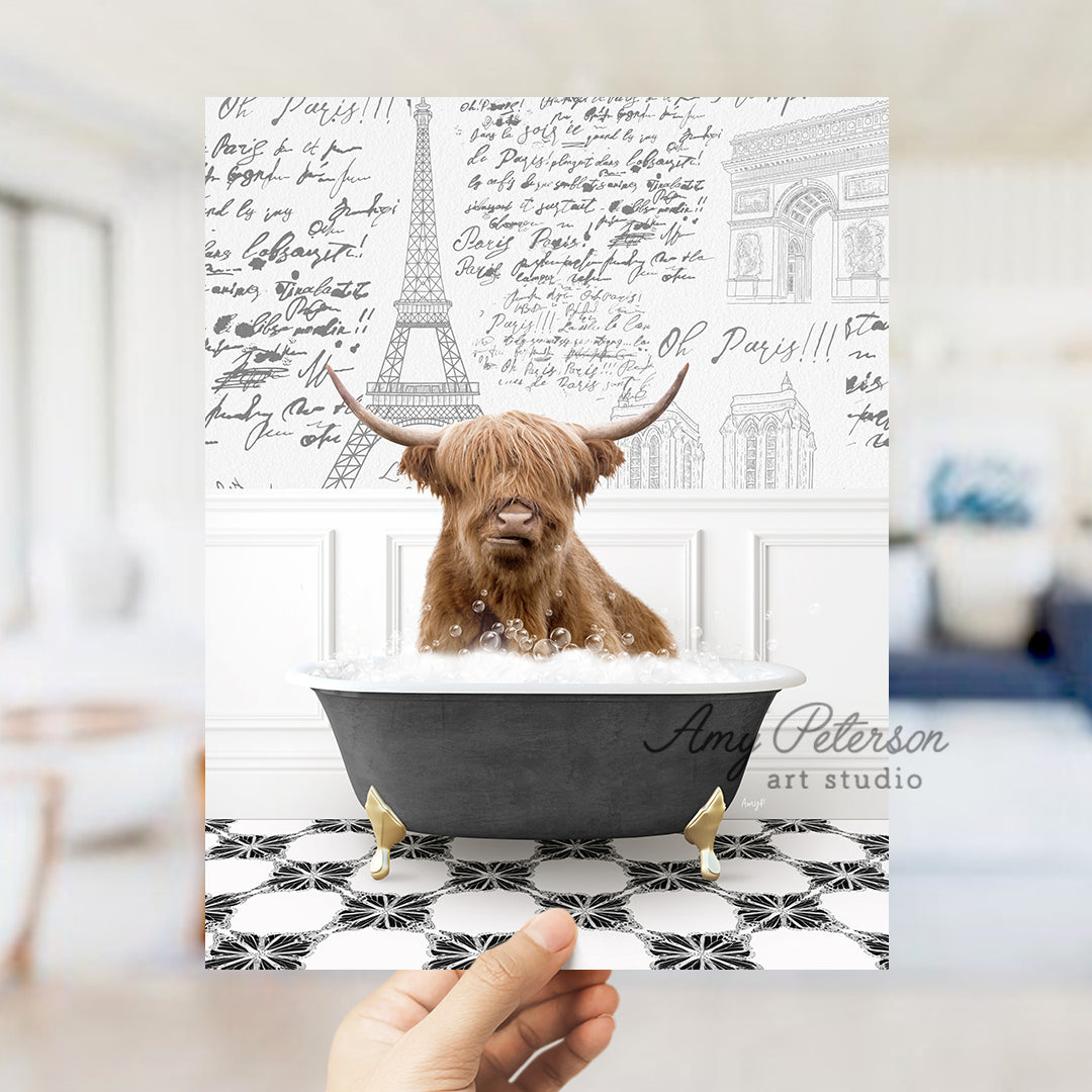 a hand holding up a card with a picture of a dog in a bathtub