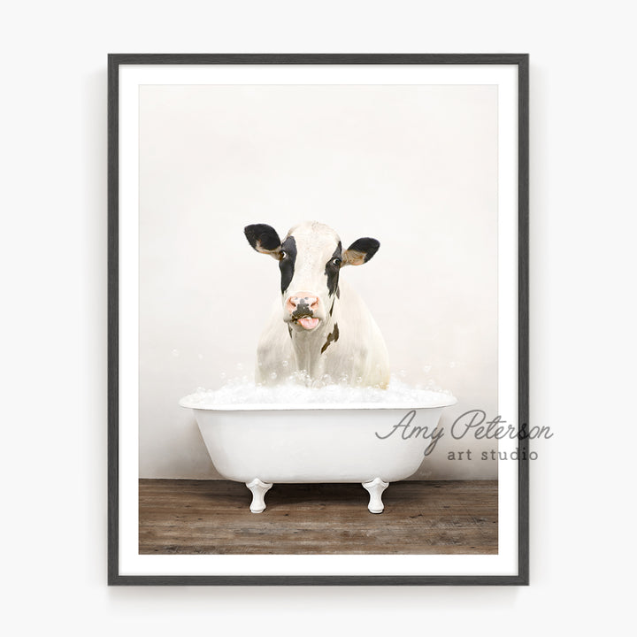 a cow sticking its head out of a bathtub