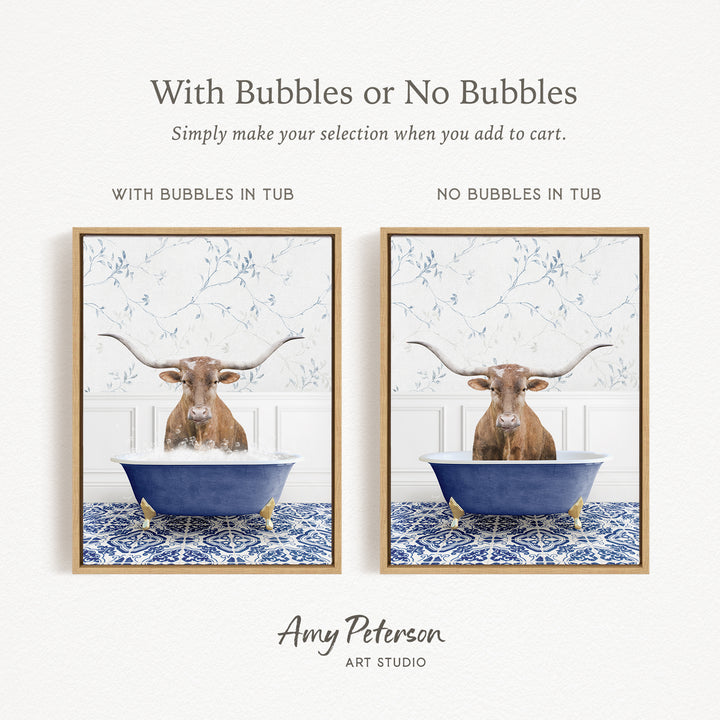 The image is a collage of two framed pictures, each depicting a bull with horns in a bathtub. The bull in the tub has bubbles, while the bull in the tub without bubbles is shown. The collage is titled "With Bubbles or No Bubbles" and is created by Amy Peterson from Art Studio.