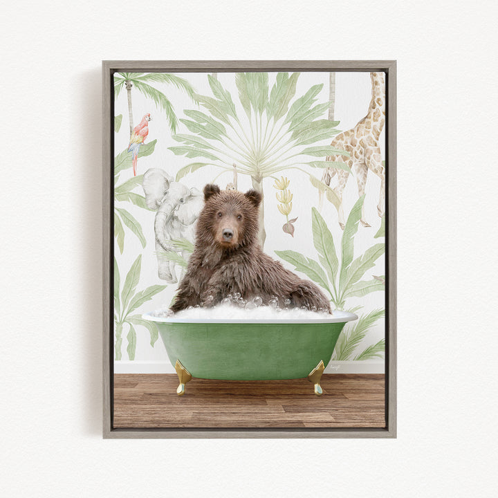 A brown bear is sitting in a green bathtub, surrounded by a tropical wallpaper with various animals and plants.