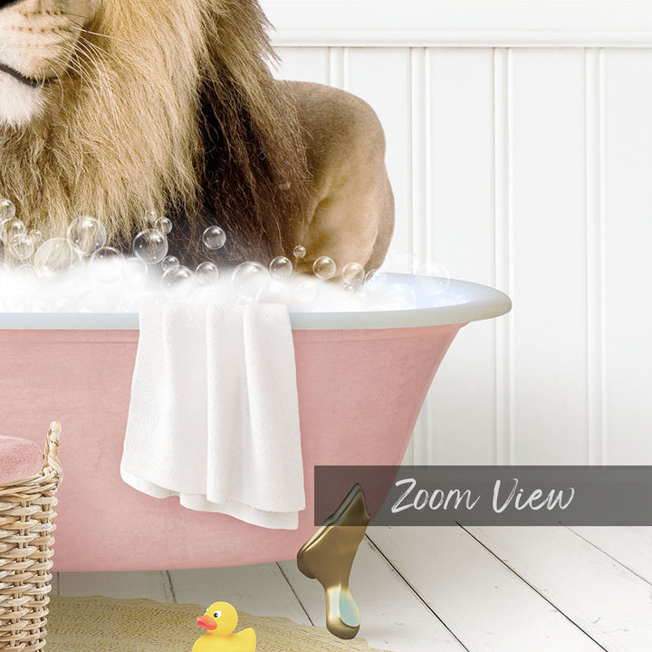 A lion is sitting in a pink bathtub filled with bubbles, surrounded by a yellow rubber duck and a white towel.