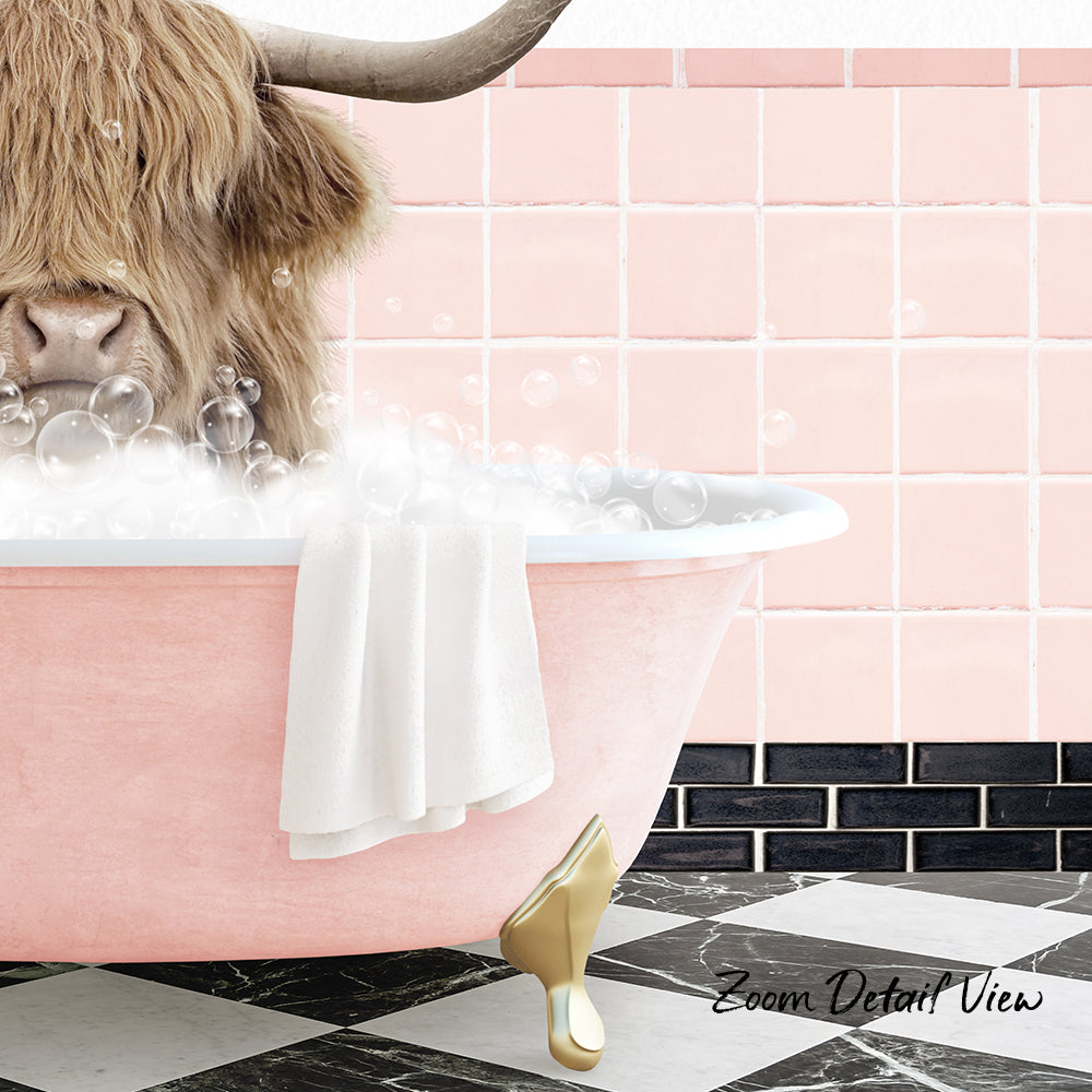 A large, pink claw-foot bathtub filled with bubbles, with a long horned animal, possibly a yak or a bison, sitting inside and enjoying the bath.