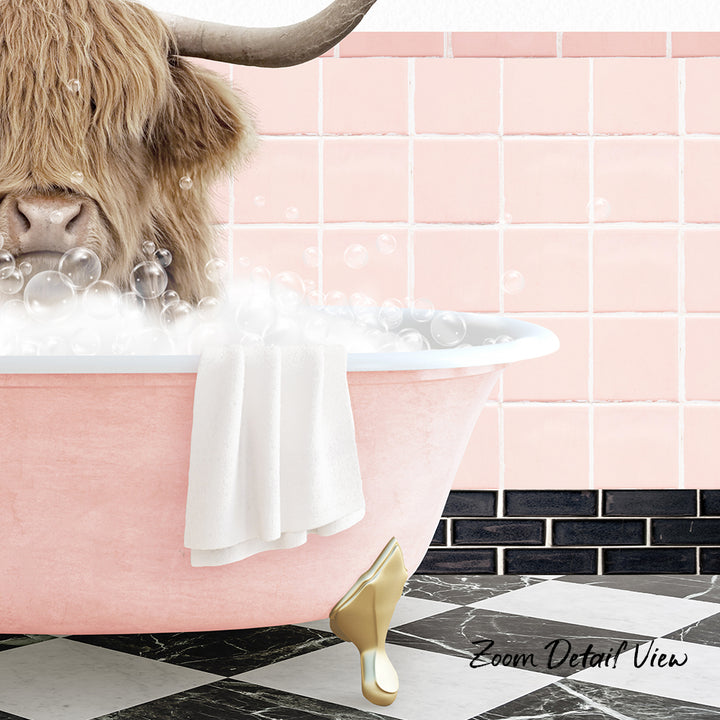 A large, pink claw-foot bathtub filled with bubbles, with a long horned animal, possibly a yak or a bison, sitting inside and enjoying the bath.