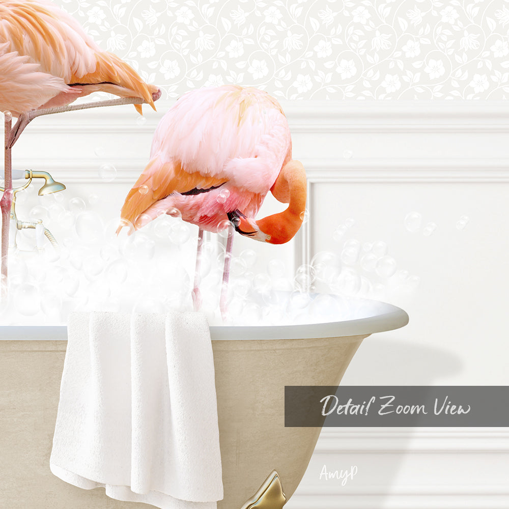 A pink flamingo standing in a bathtub filled with bubbles, with a towel hanging on the side of the tub.