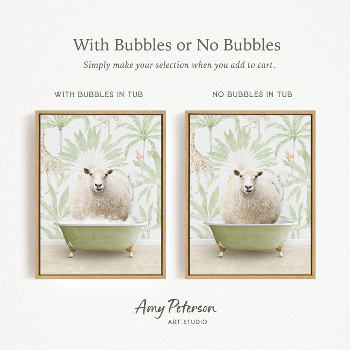 The image is a collage of two framed pictures, each depicting a sheep in a bathtub. The text above the images reads "With Bubbles or No Bubbles" and below the images, it says "Simply make your selection when you add to cart."