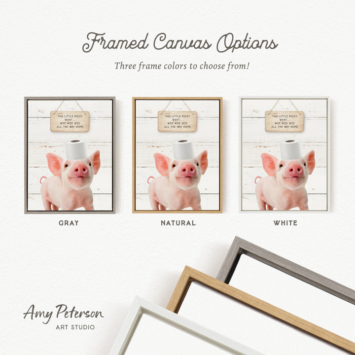 three framed canvas options featuring a pig wearing a toilet paper hat. The options include a gray frame, a natural frame, and a white frame.