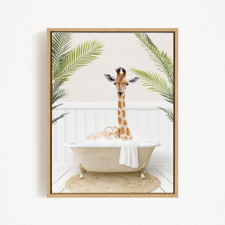 A giraffe is sitting in a bathtub filled with water, surrounded by palm leaves, creating a whimsical and playful scene.