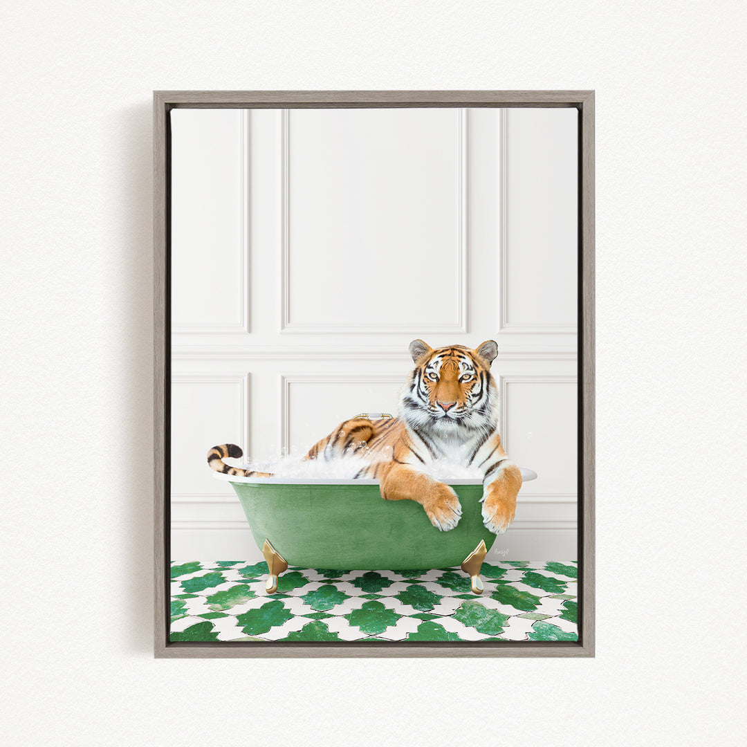 A tiger is sitting in a green bathtub filled with water, surrounded by a green and white patterned rug.