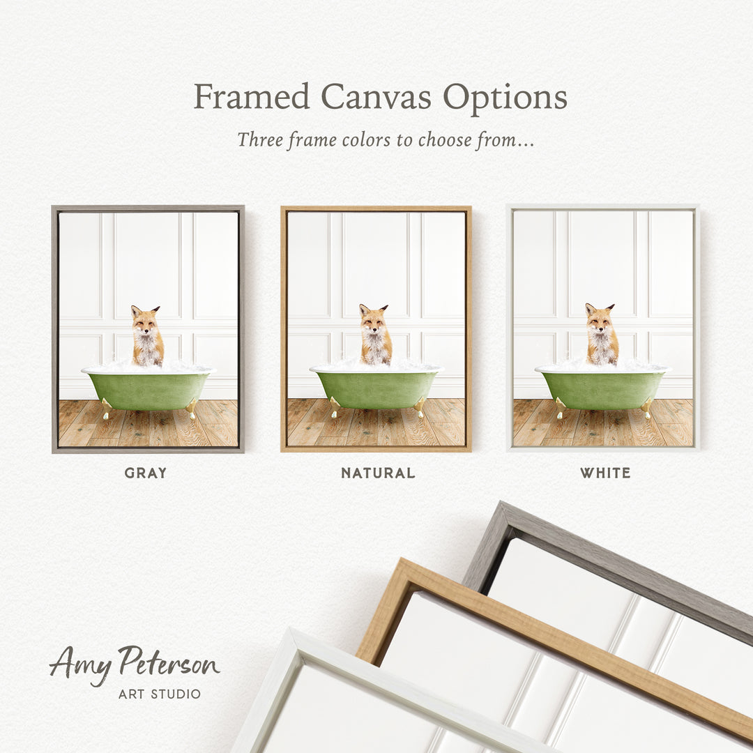 three framed canvas options, each featuring a small orange cat sitting in a green bathtub. The options include a gray frame, a natural frame, and a white frame.