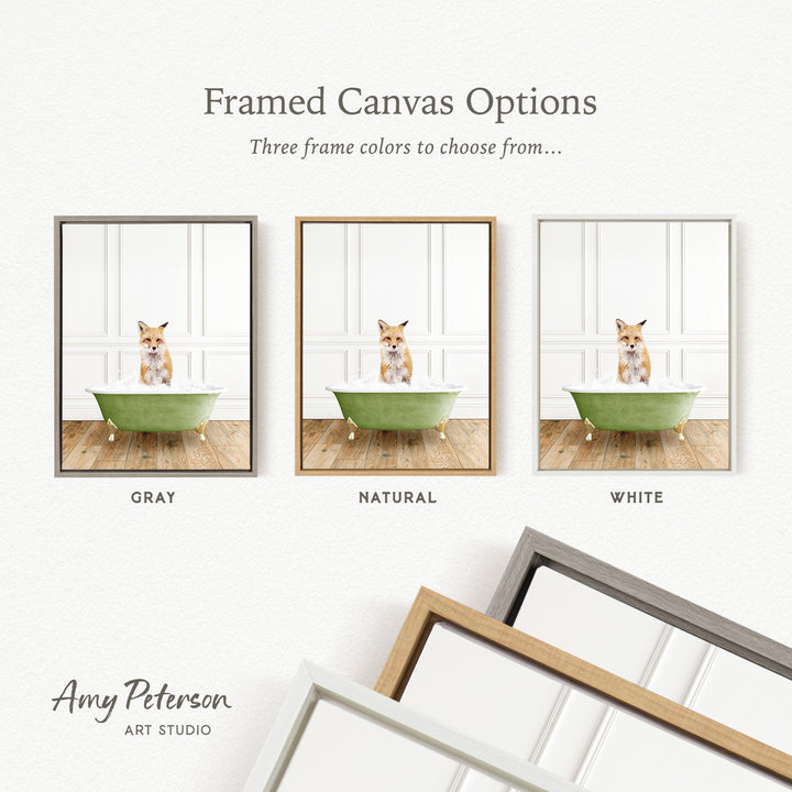 three framed canvas options, each featuring a small orange cat sitting in a green bathtub. The options include a gray frame, a natural frame, and a white frame.